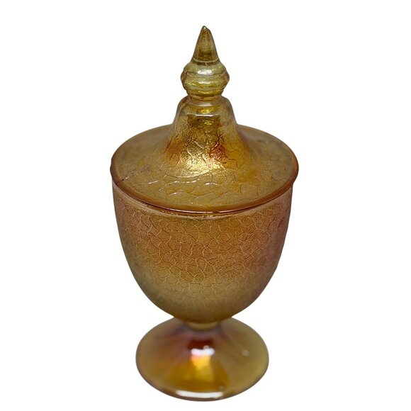 VTG Jeanette Marigold Carnival Glass Crackle Apothecary Candy Jar 7.75" Textured - Picture 2 of 8